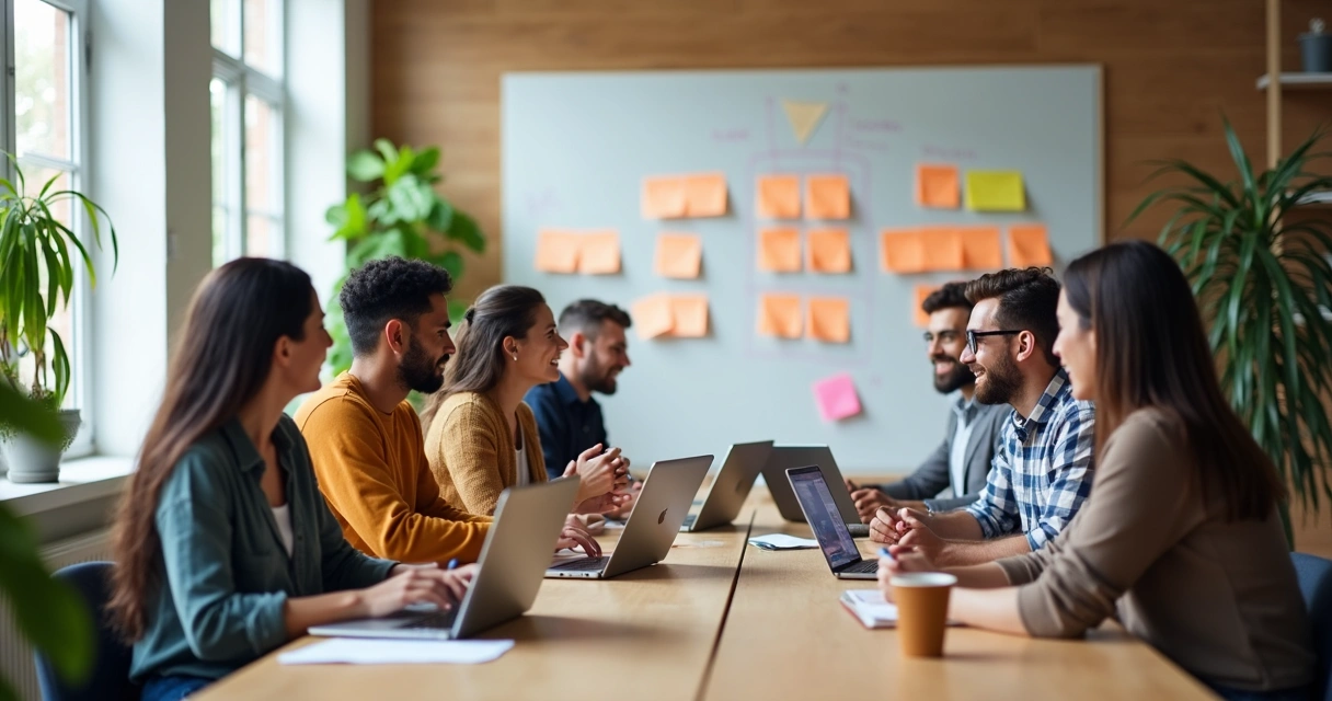 Team meeting with people brainstorming and discussing ideas around a table 