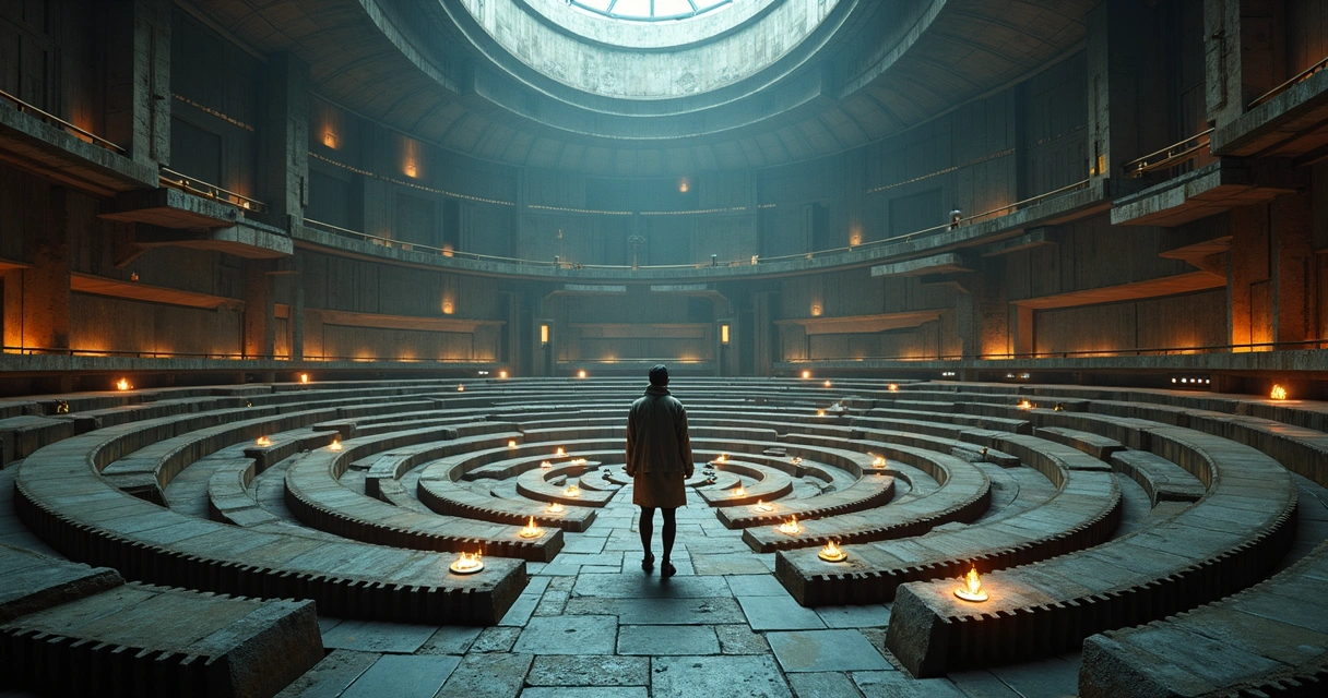Human figure inside a labyrinth made of interlocked gears and symbols 
