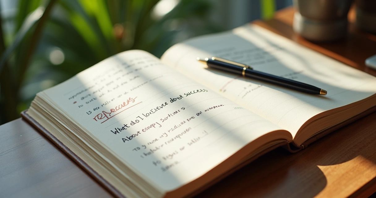 Notebook with pen, reflection prompts and highlighted notes on beliefs 