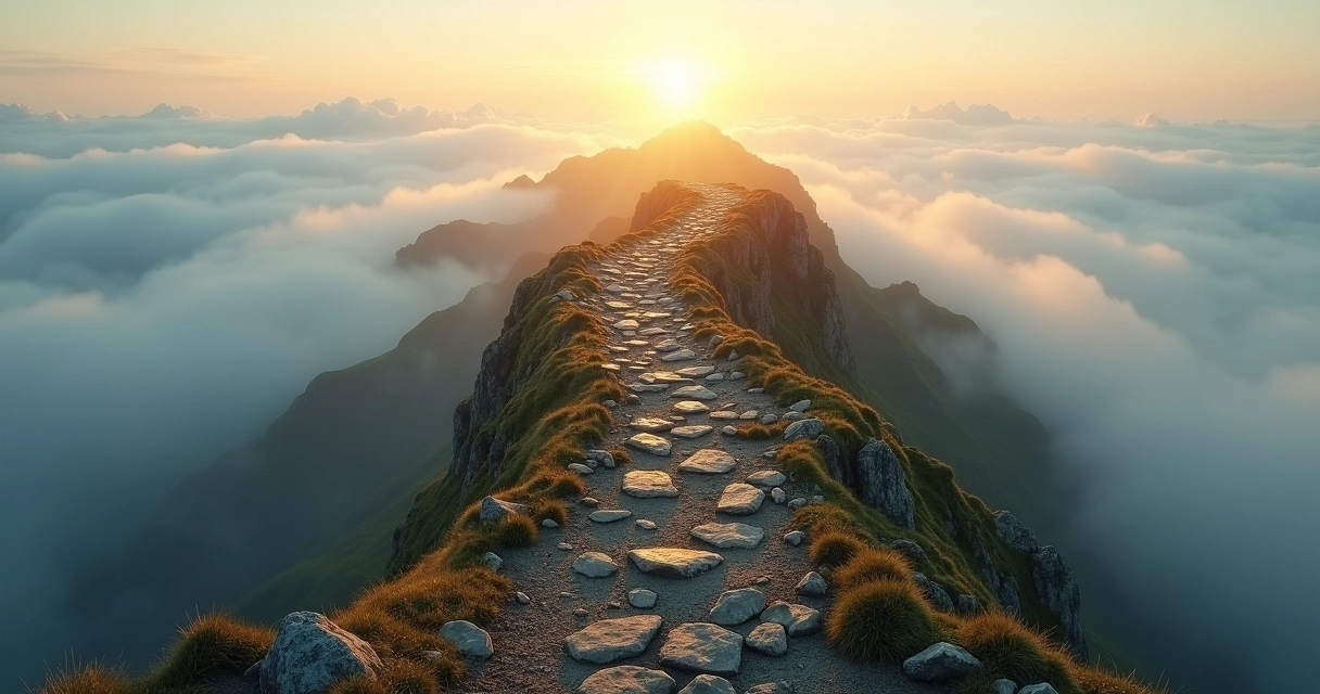 Winding mountain path with light at the summit
