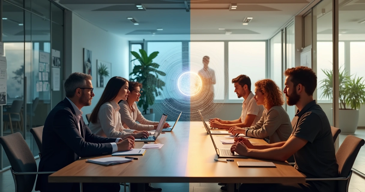 Diverse leadership team in a modern office shifting from conflict to collaboration around a glowing central symbol of shared beliefs 