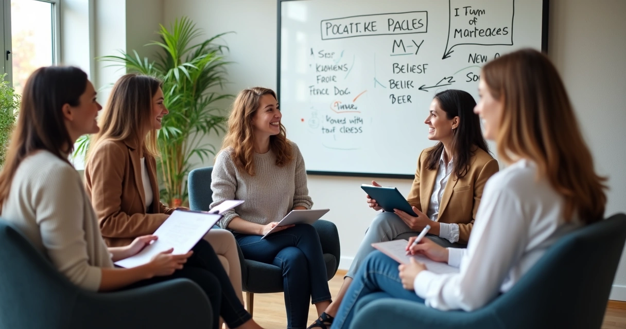 Colleagues in a circle sharing ideas with open body language, markers and notepads in hand 