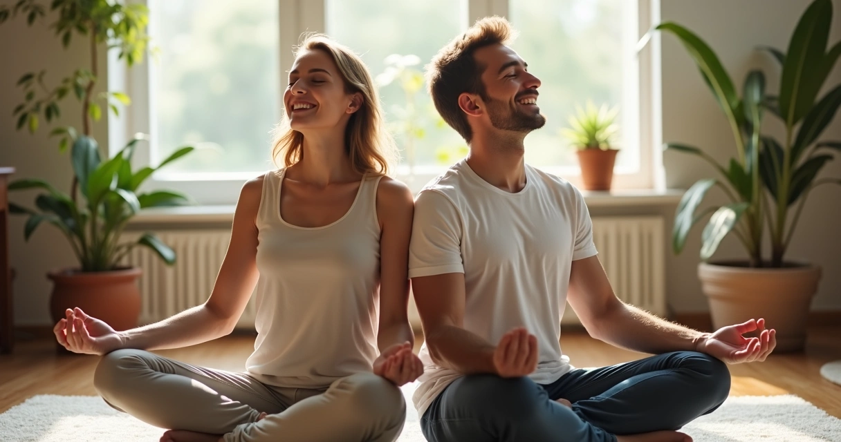 Homem e mulher sentados lado a lado sorrindo relaxados após prática de respiração 