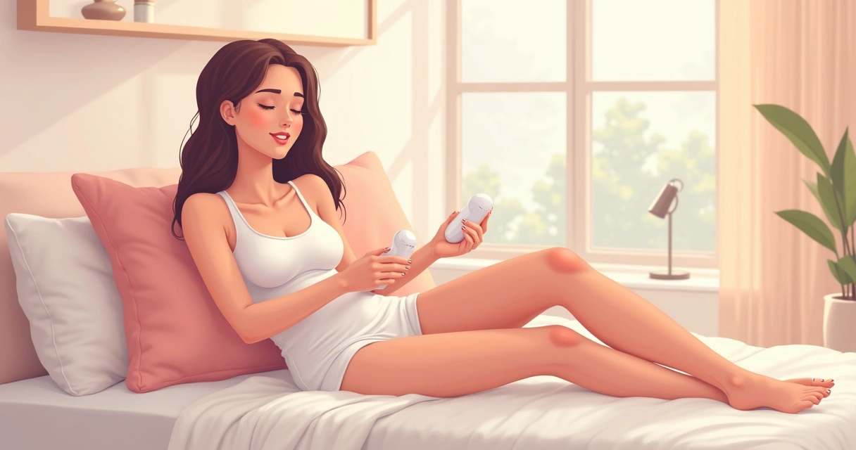 Mulher relaxando em ambiente tranquilo após usar vibrador rabbit. 