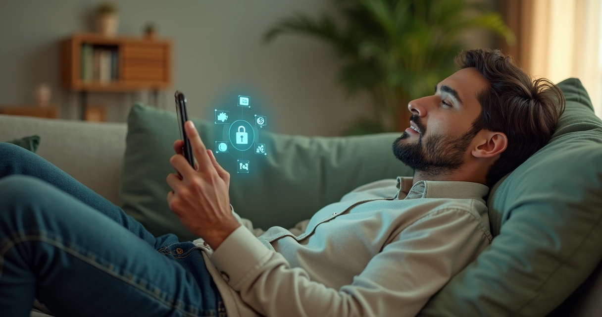 Usuário relaxando enquanto acessa serviço de bem-estar pelo celular 