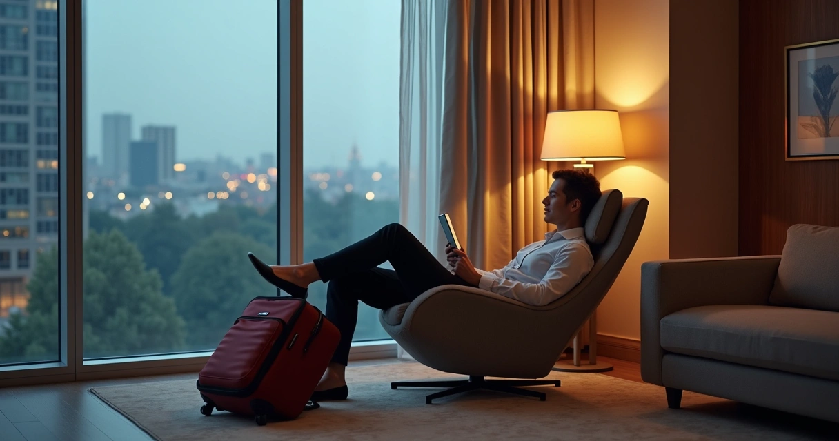Viajante de negócios relaxa lendo em lobby de hotel confortável 