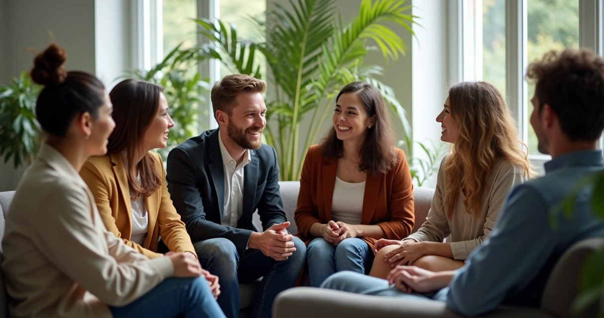 Colaboradores reunidos em ambiente agradável com expressões de bem-estar