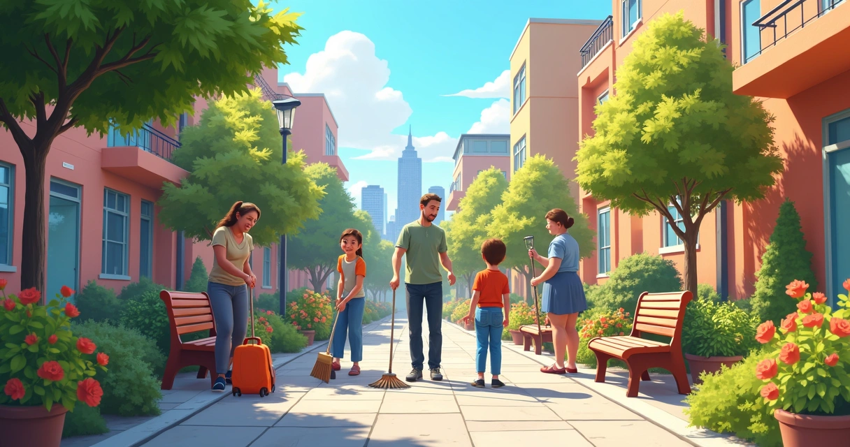 Comunidade cuidando de espaço público urbano com pessoas de várias idades. 