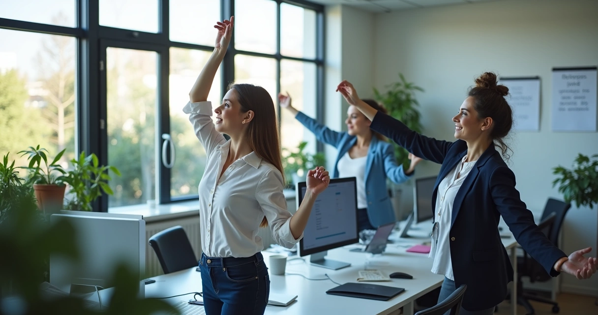 Profissionais em escritório praticando exercícios de alongamento juntos 