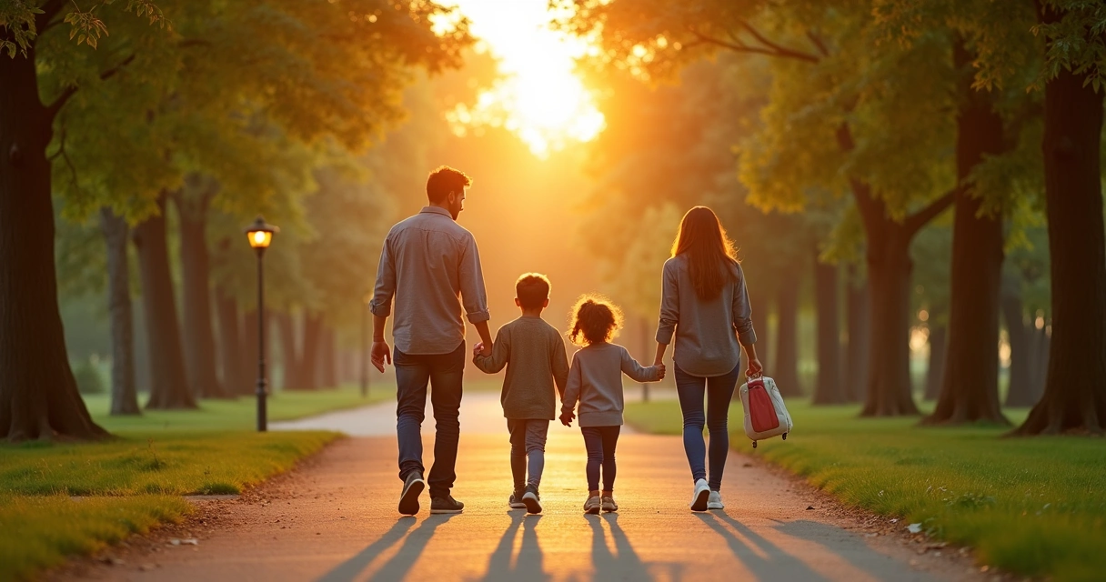 Família caminhando junta em parque ao entardecer 