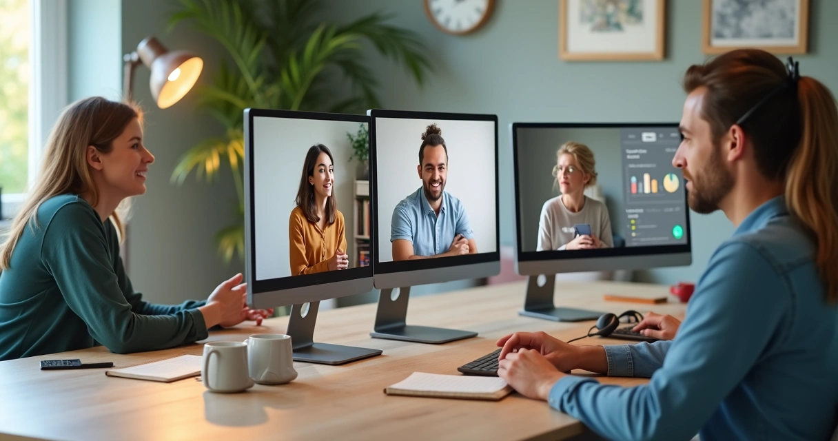 Grupo diverso em reunião virtual em casa com clima tranquilo e acolhedor 