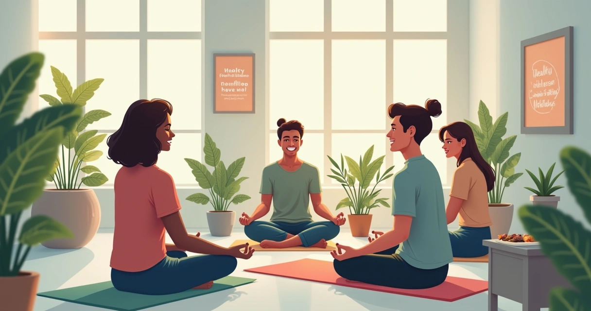 Um grupo diverso de funcionários em uma reunião tranquila, com plantas e luz natural, promovendo bem-estar emocional.