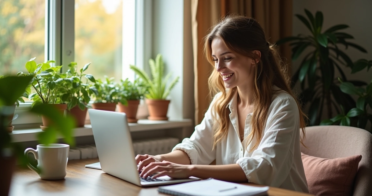 Colaboradora sorrindo em home office com plantas e luz natural
