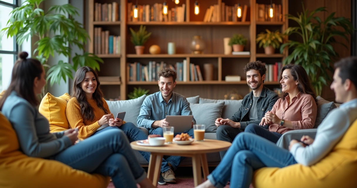 Funcionários sorrindo em espaço de descompressão no escritório. 