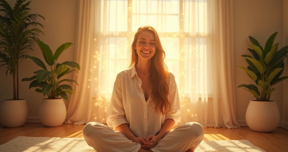 Pessoa rodeada por energia tranquila após reiki 