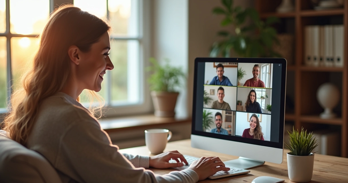 Colaboradora sorridente trabalhando em casa em videoconferência