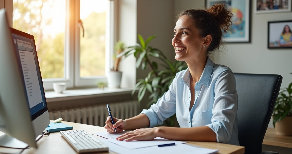 Profissional sorridente trabalhando com clareza e foco 