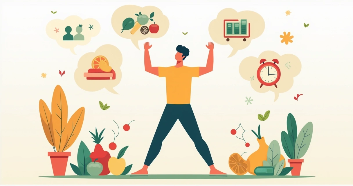 Ilustração corporativa flat mostrando uma pessoa praticando exercícios, com frutas, relógio de sono e ícones de relações sociais ao redor 