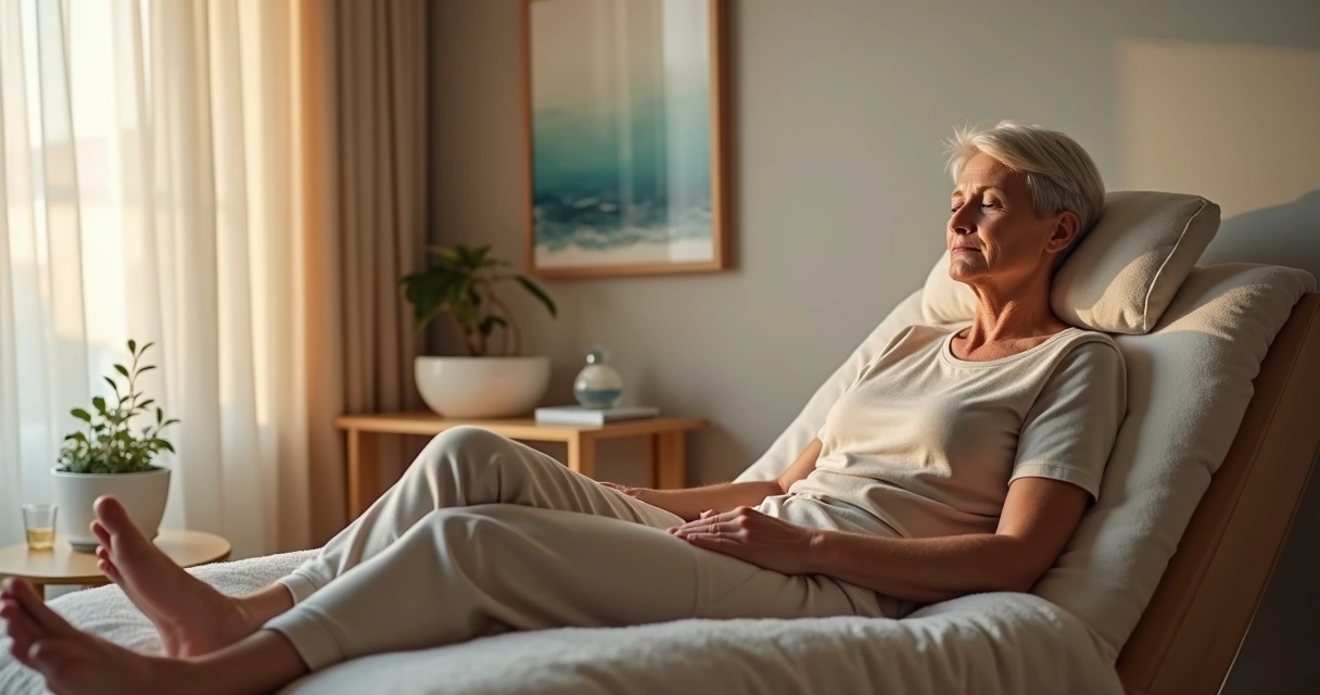 Paciente oncológico em meditação enquanto recebe acupuntura em ambiente clínico acolhedor 
