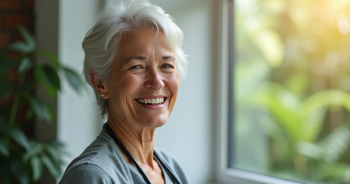 Mulher madura sorrindo após consulta em consultório de endocrinologia 