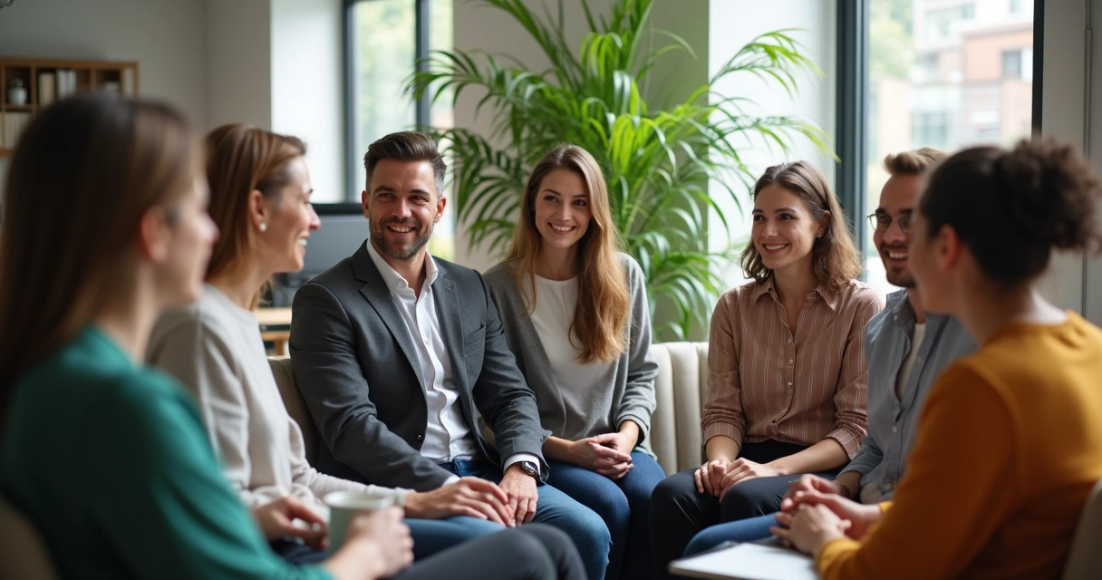 Colaboradores conversando em círculo, sorrindo, promovendo bem-estar no ambiente de trabalho