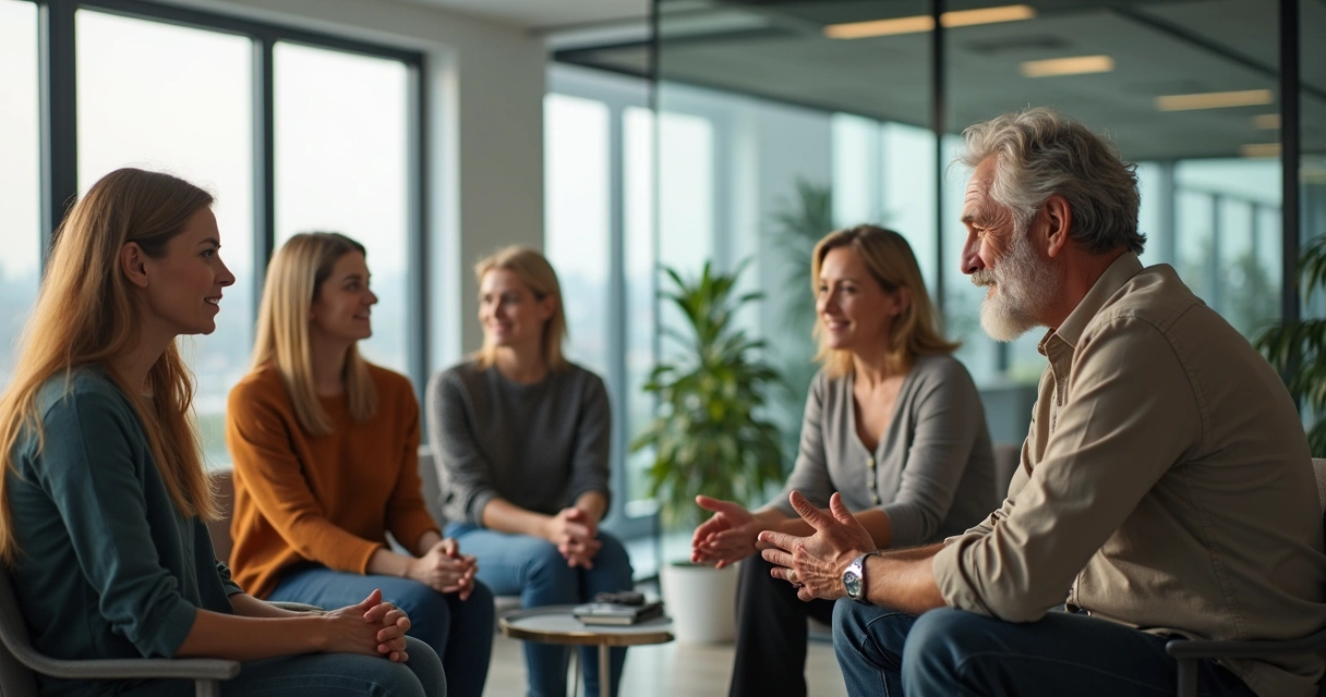 Colaboradores sentados em círculo conversando em um escritório moderno 