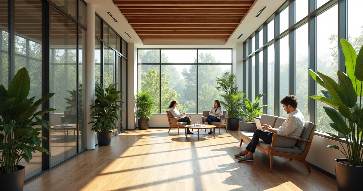 Ambiente de trabalho moderno com área de descanso e plantas 