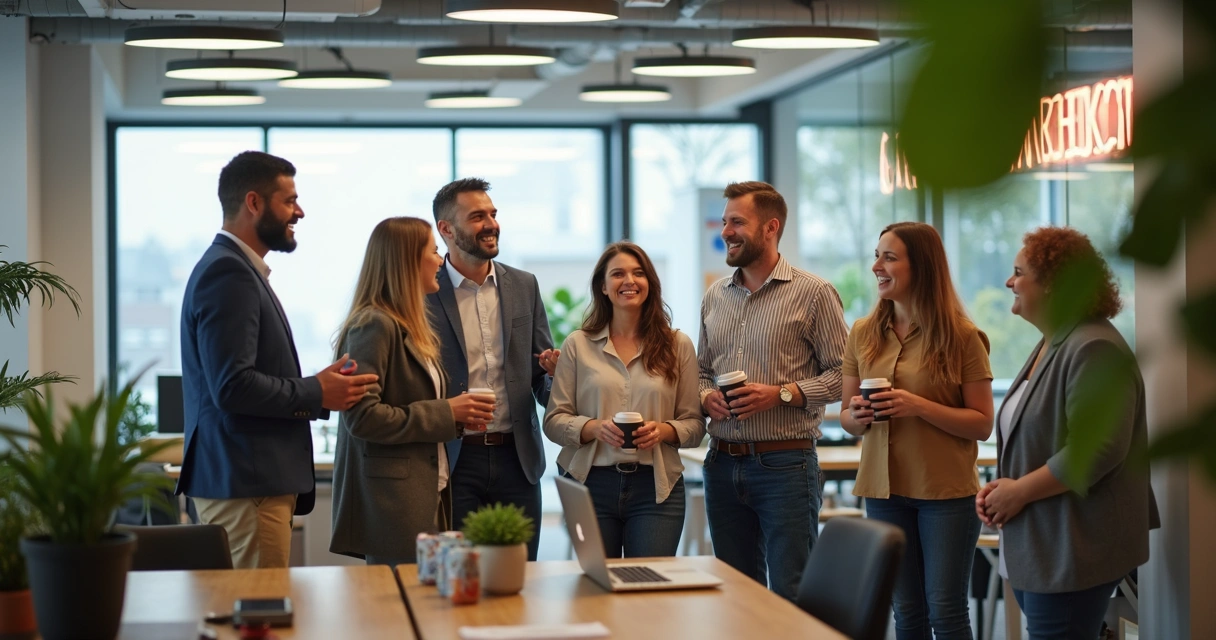 Equipe sorrindo em momento de descontração no escritório 