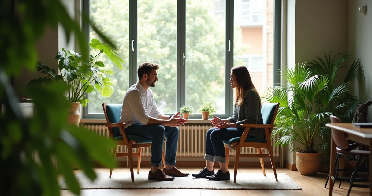Duas pessoas conversando em ambiente de trabalho tranquilo, plantas ao fundo, luz natural 