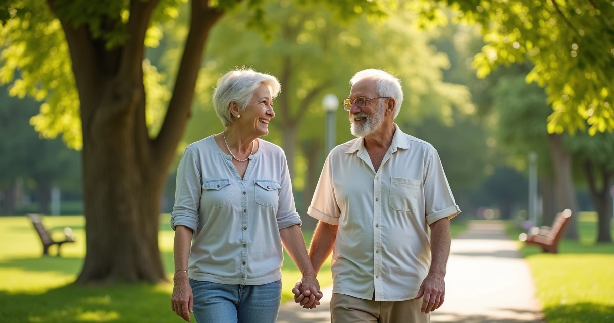 Casal idoso caminhando ao ar livre de mãos dadas, com plano de fundo verde 
