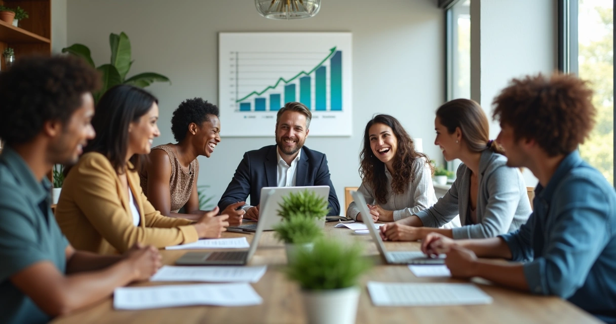 Funcionários em escritório moderno sorrindo juntos 