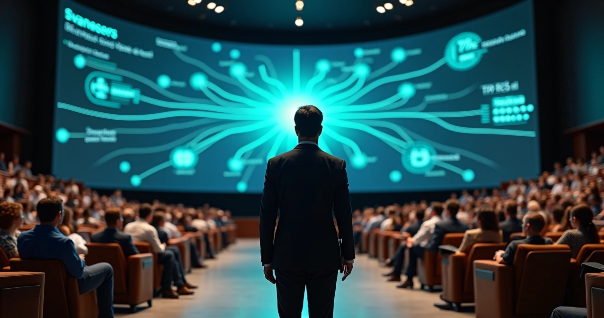 Executivo em auditório circular observando painel 3D de ecossistema de pagamentos B2B2B 