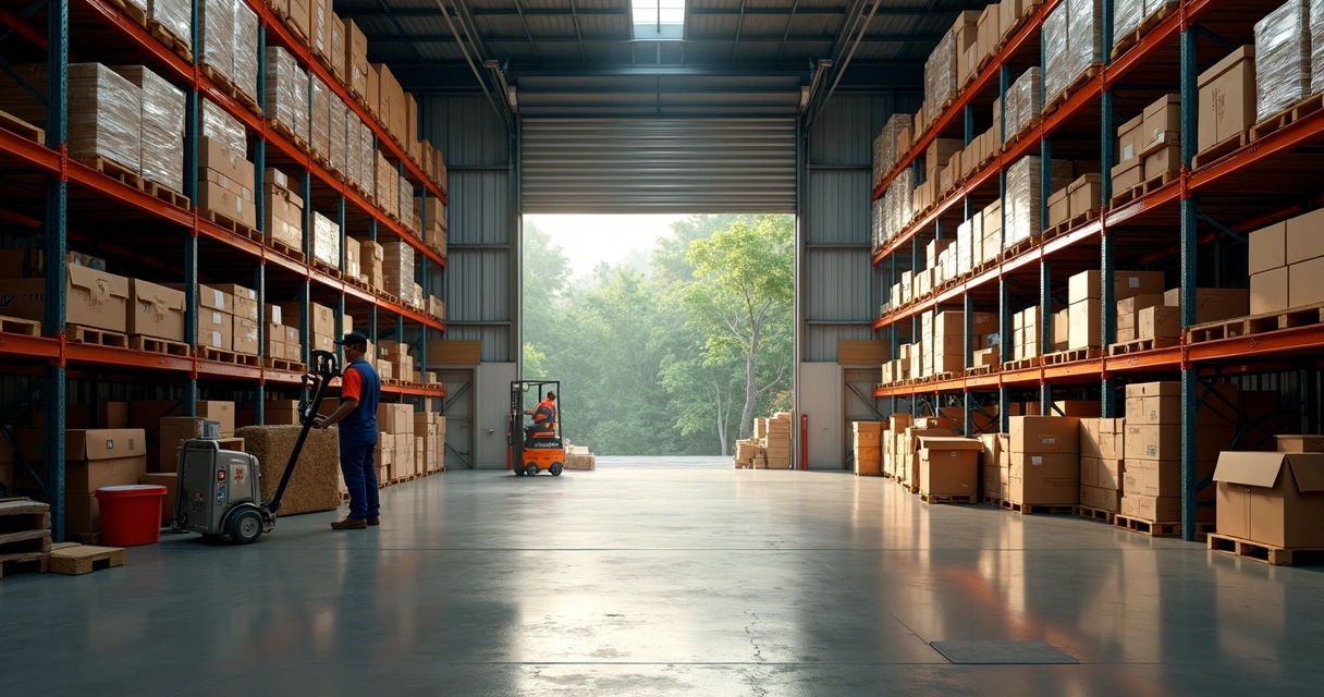 Depósito da Bemol no Amazonas com caixas empilhadas e funcionários organizando pedidos. 