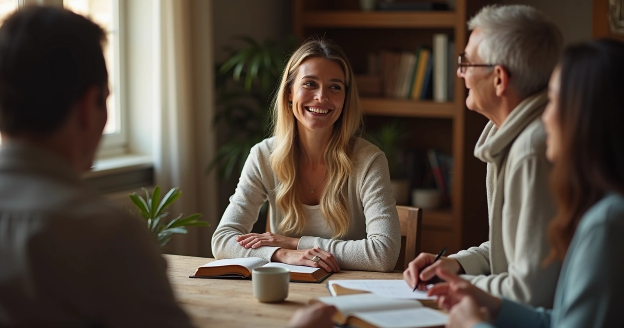 Mulher liderando grupo com palavras de fé 