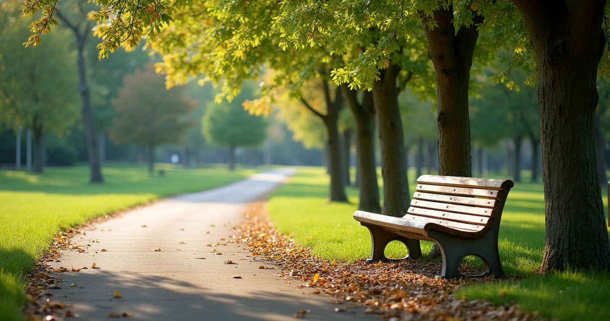 Quiet park bench beside trees and walking trail
