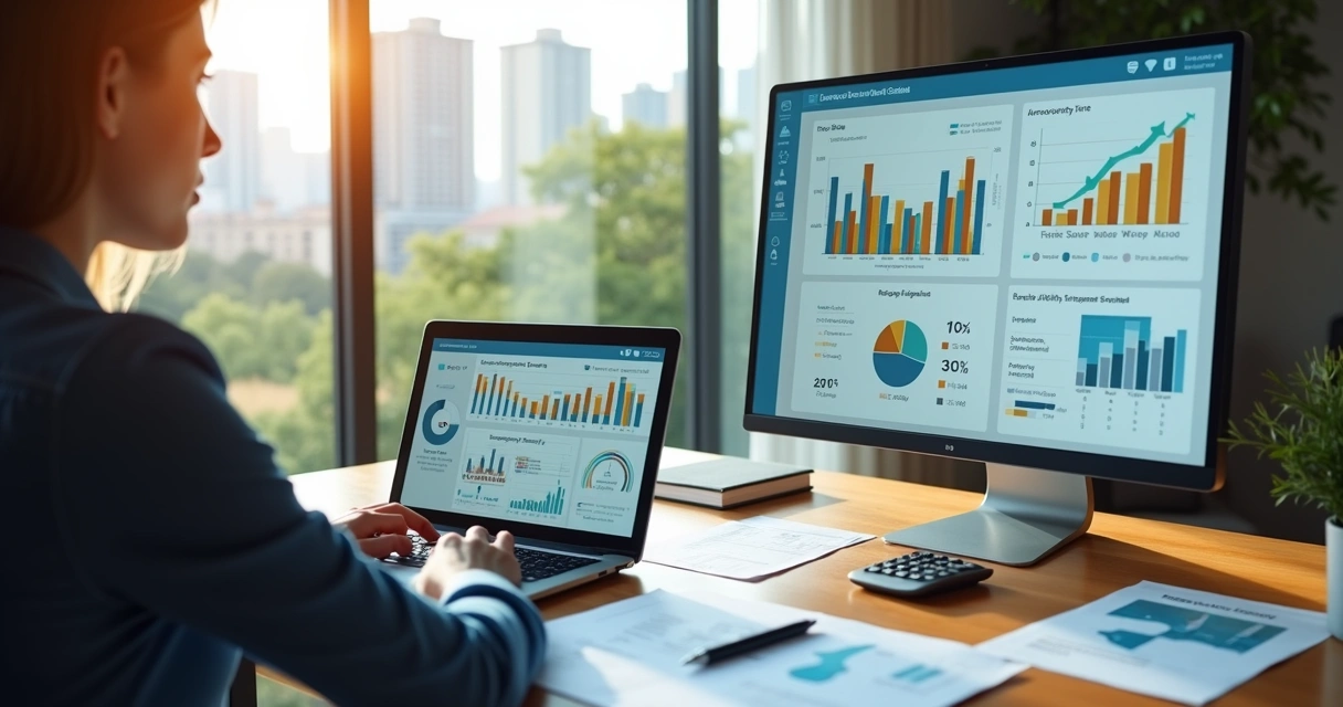 Investidor analisando gráficos de desempenho imobiliário em notebook e documentos 