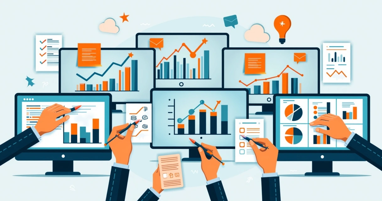 Telas de computador superpostas mostrando gráficos de desempenho, ideias para ações e tabelas comparativas de programas de canais. 