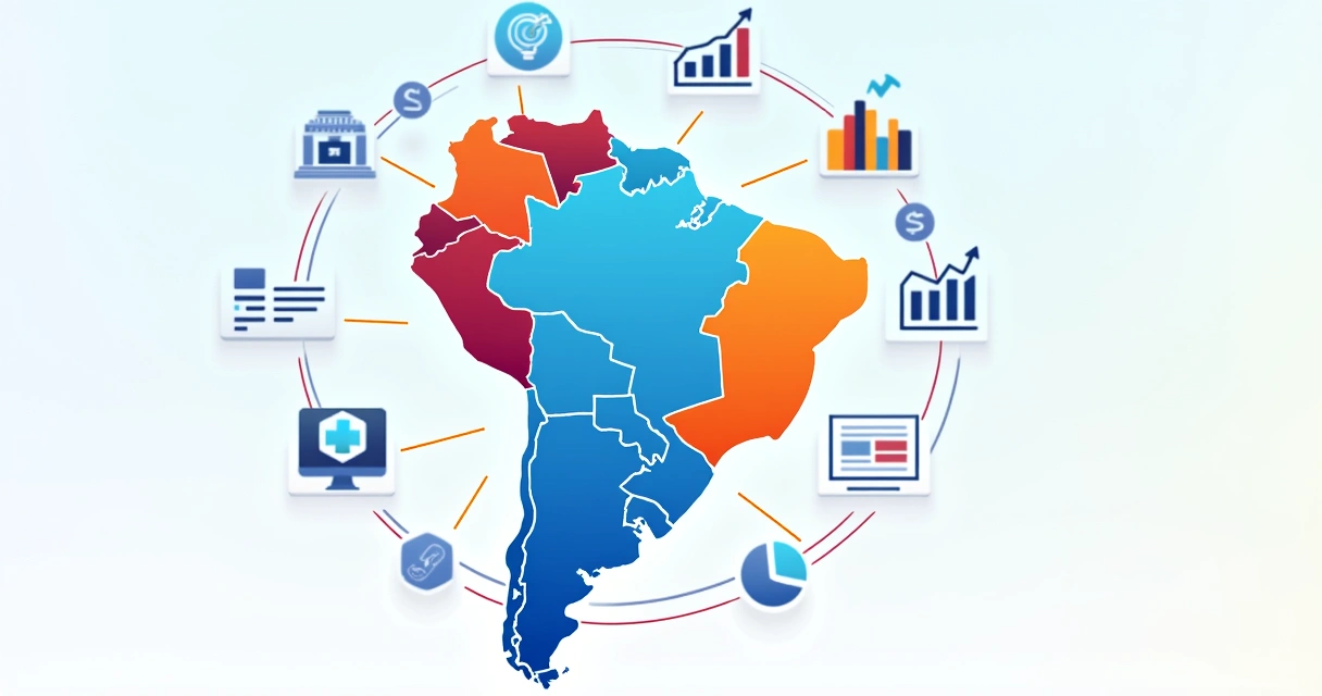 Mapa de benchmarks de mercado B2B com gráficos e conexões de canais 