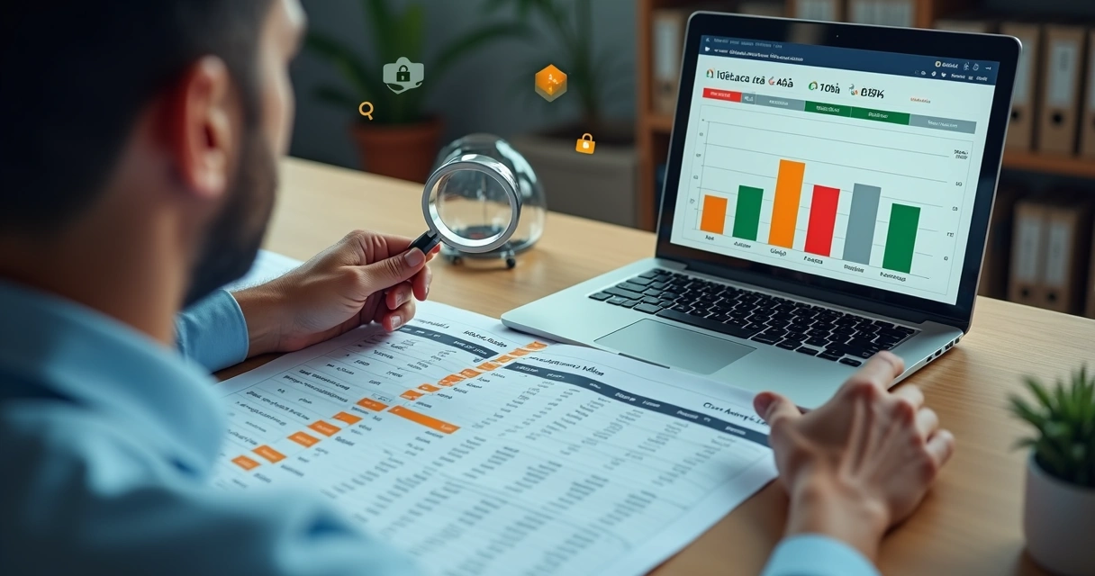 Gestor de PME analisando tabela de preços de mercado com lupa sobre gráfico em notebook 