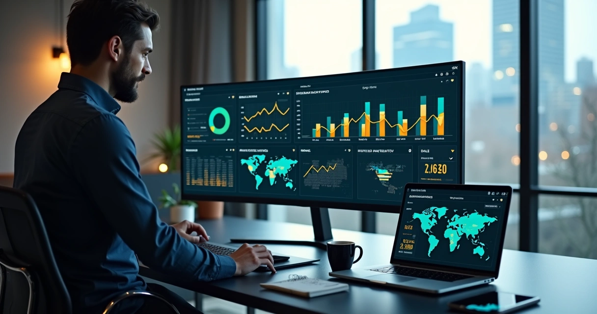 Gestor analisa painel de métricas de e-commerce com gráficos de desempenho na tela 