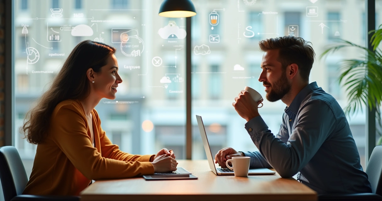 Duas empresas diferentes trocando ideias em ambiente colaborativo