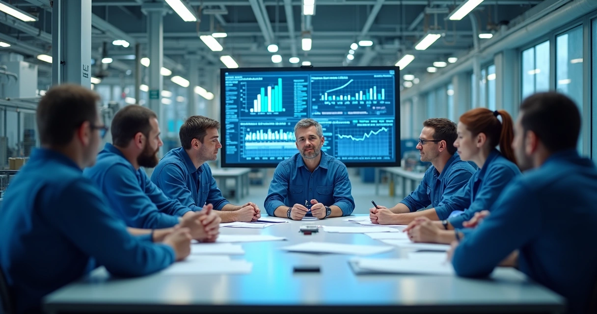 Equipe industrial colaborando para análise de indicadores de benchmarking 