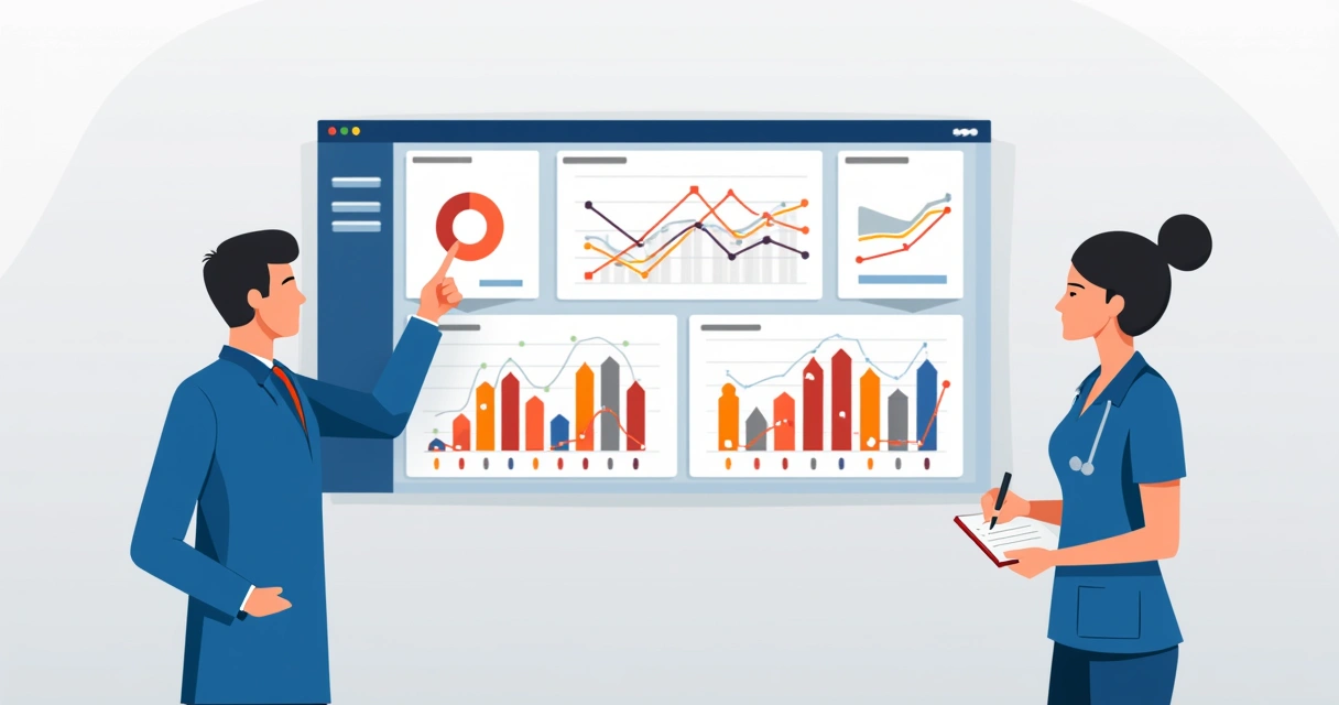 Re-auditoria clínica: estratégias para melhoria contínua na saúde 4 Painel digital mostrando benchmarking de indicadores em saúde, com gráficos comparativos