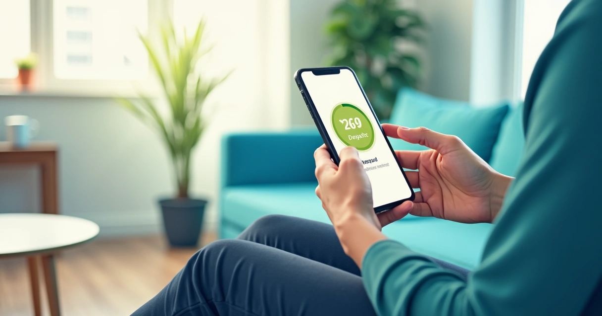 Pessoa olhando saldo bancário no celular com expressão de alívio. 