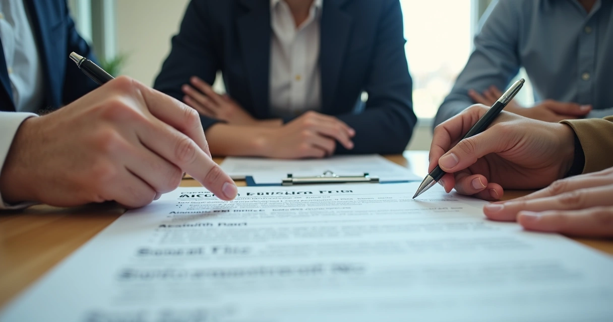 Beneficiários analisando documento de previdência em mesa 