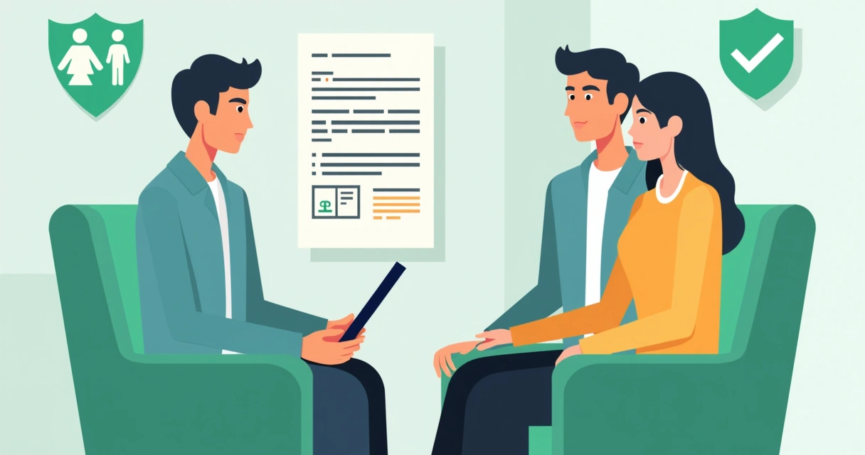 Corretor explicando apólice de seguro para casal em escritório 