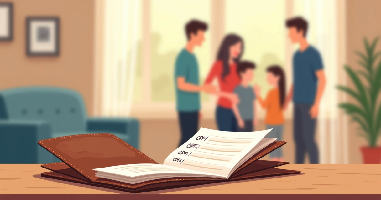 Carteira de documentos, lista de beneficiários e família ao fundo 