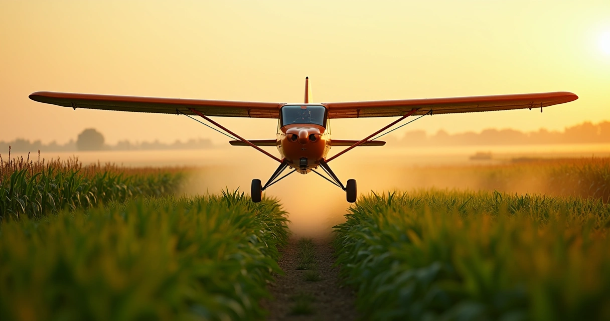 Avião agrícola voando sobre plantação de milho ao nascer do sol 