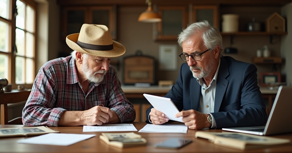 Trabalhador rural e urbano lado a lado analisando documentos
