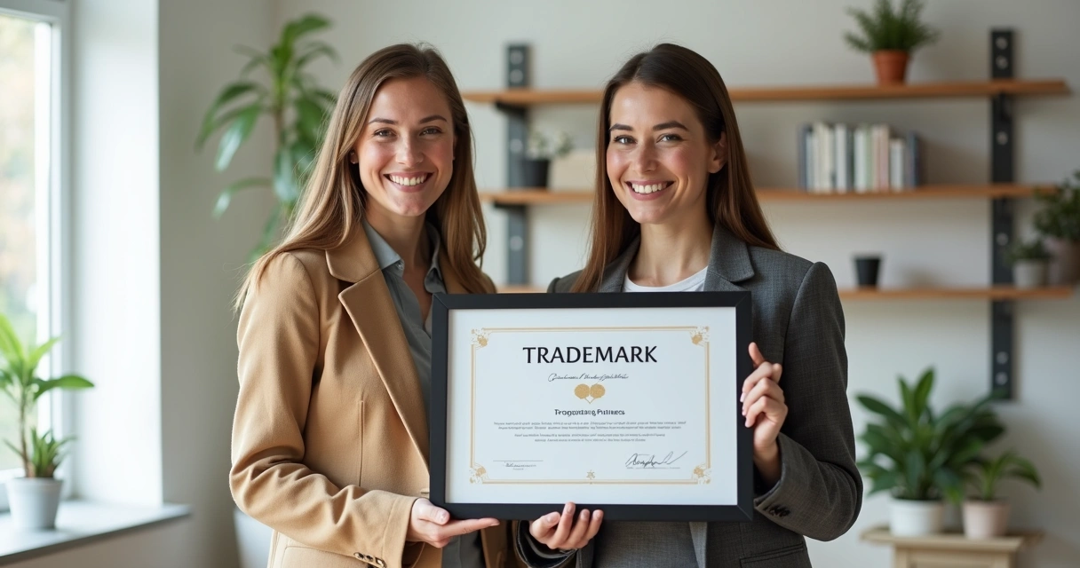 Duas pequenas empresárias felizes mostrando certificado de marca 